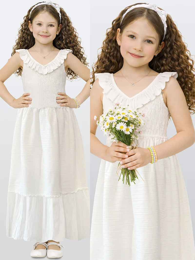 دينوكيدس Girls Long Dress White Ruffled Woven Fabric